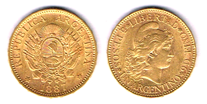 Argentina. Gold one argentino, 1887. at Whyte's Auctions