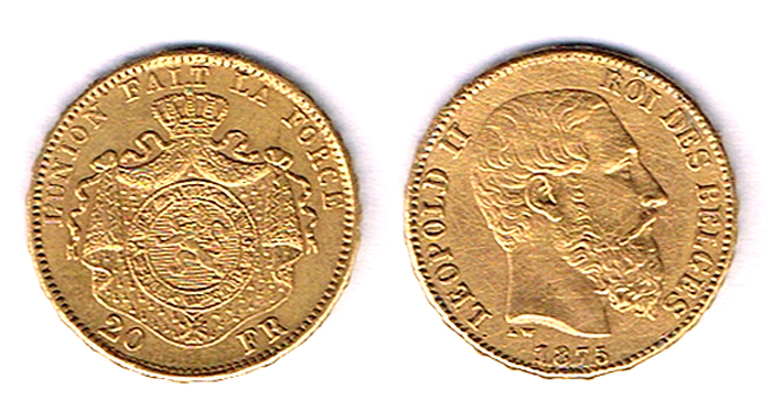 Belgium. Gold twenty francs, Leopold 1875 (French) and 1914 Albert (Flemish). at Whyte's Auctions