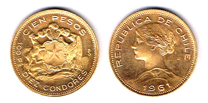 Chile. Gold one hundred pesos, 1961. at Whyte's Auctions
