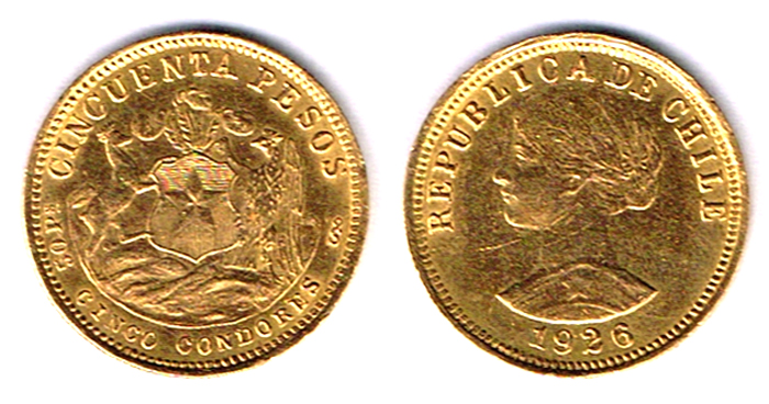 Chile. Gold fifty pesos, 1926. at Whyte's Auctions