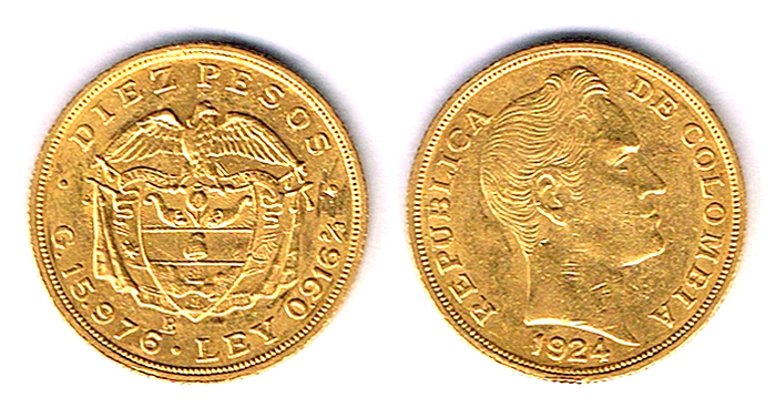 Colombia. Gold ten pesos, 1924. at Whyte's Auctions