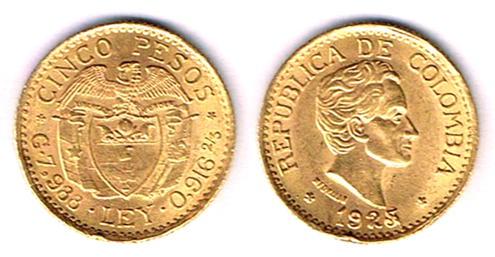 Colombia. Gold five pesos, 1923 and 1925. at Whyte's Auctions
