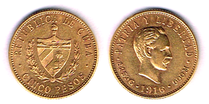 Cuba. Gold five pesos, 1916. at Whyte's Auctions
