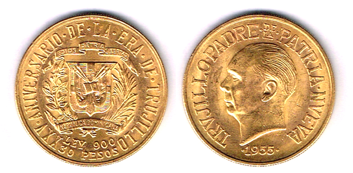 Dominican Republic. Trujillo gold thirty pesos, 1955. at Whyte's Auctions