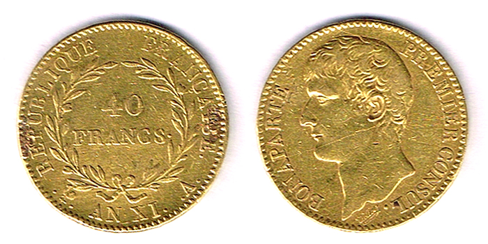 France. Napoleon Bonaparte as Premier Consul gold forty francs, 11th Year of The Republic (1802/3). at Whyte's Auctions
