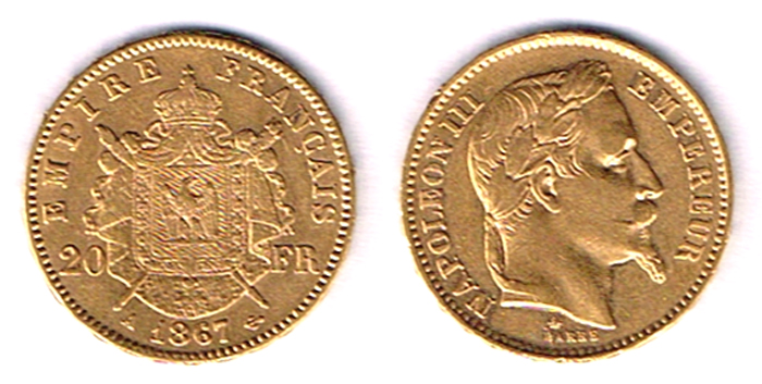 France. Napoleon III gold twenty francs, 1856, 1858, 1860 and 1867. at Whyte's Auctions