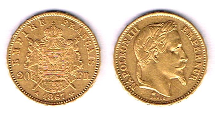 France. Napoleon III gold twenty francs, 1856, 1859 and 1867, and ten francs 1859. at Whyte's Auctions