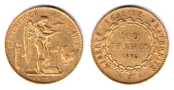 France. Republic gold one hundred francs, 1886. at Whyte's Auctions