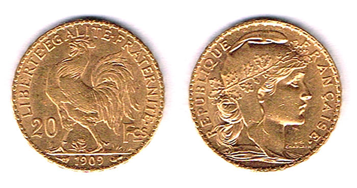 France. Republic gold twenty francs 1906 and 1909 at Whyte's Auctions