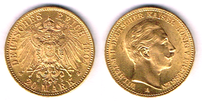 Germany. Wilhelm II gold twenty marks, 1904, 1905 and 1906. at Whyte's Auctions