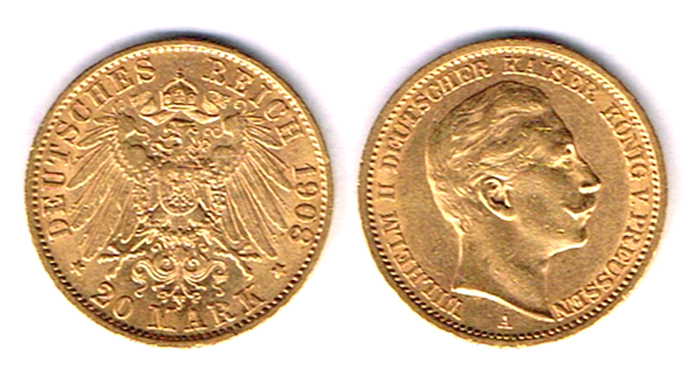 Germany. Wilhelm II gold twenty marks, 1908 and 1910. at Whyte's Auctions