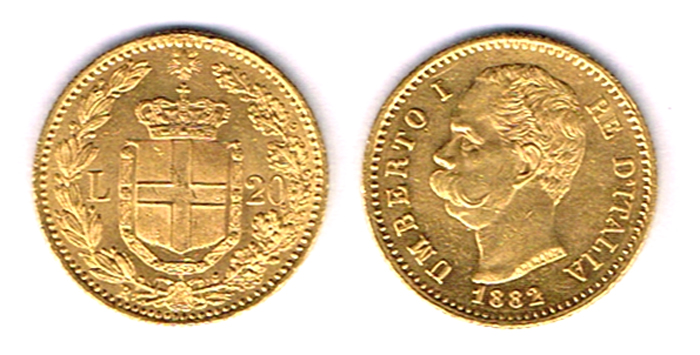 Italy. Umberto I gold twenty lire, 1882. at Whyte's Auctions