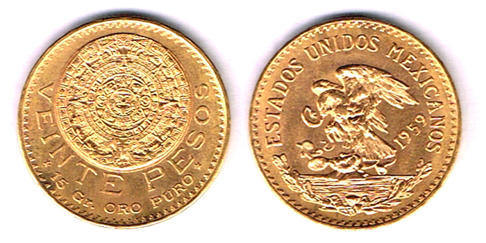 Mexico. Gold twenty pesos, and ten pesos, both 1959. at Whyte's Auctions