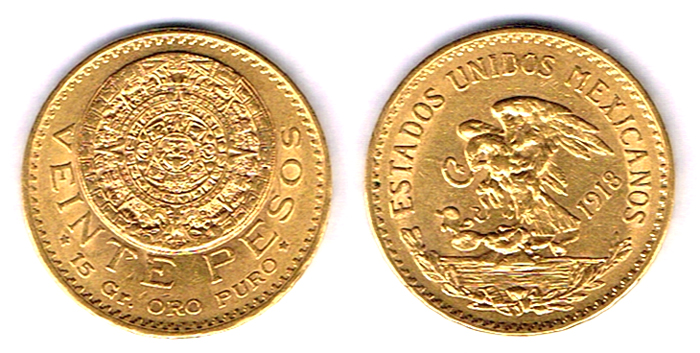 Mexico. Gold twenty pesos, 1918. at Whyte's Auctions