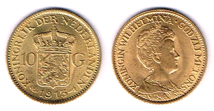 Netherlands. Wilhemina gold ten guilders, 1913 and 1932. at Whyte's Auctions