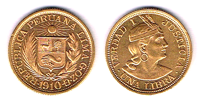 Peru. Gold one libra, 1910 and 1914. at Whyte's Auctions