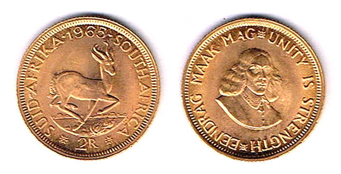 South Africa. Gold two rand, 1965 and 1968. at Whyte's Auctions