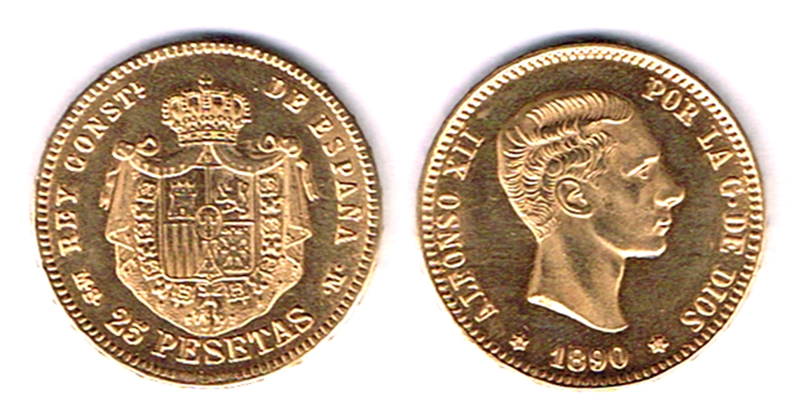 Spain. Alfonso XII gold twenty-five pesetas, 1890. at Whyte's Auctions