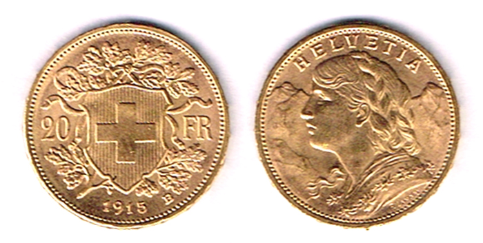 Switzerland. Gold twenty francs, 1915. at Whyte's Auctions