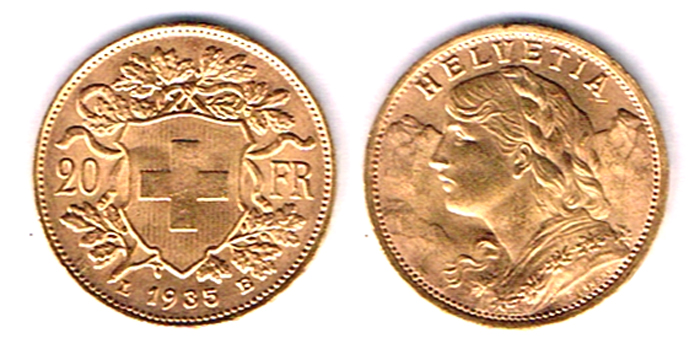 Switzerland. Gold twenty francs, 1935. at Whyte's Auctions