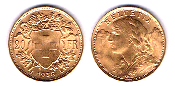 Switzerland. Gold twenty francs, 1935. at Whyte's Auctions
