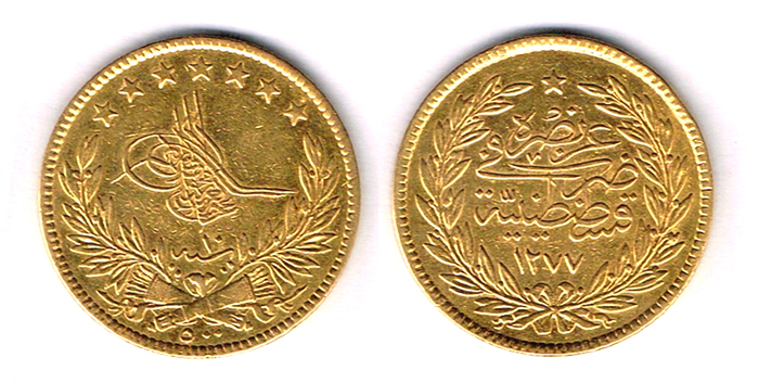 Turkey. Gold five hundred kurush, 1277. at Whyte's Auctions