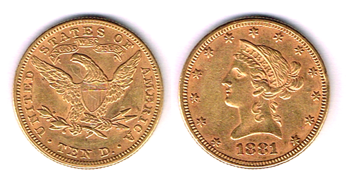 USA. Gold ten dollars, 1881. at Whyte's Auctions