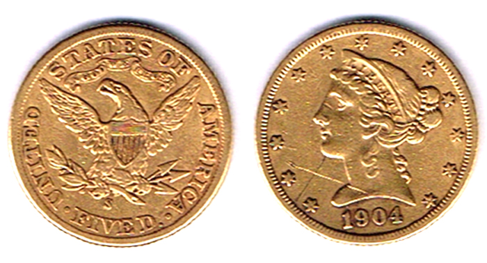 USA. Gold five dollars, Liberty head, S, 1904. at Whyte's Auctions