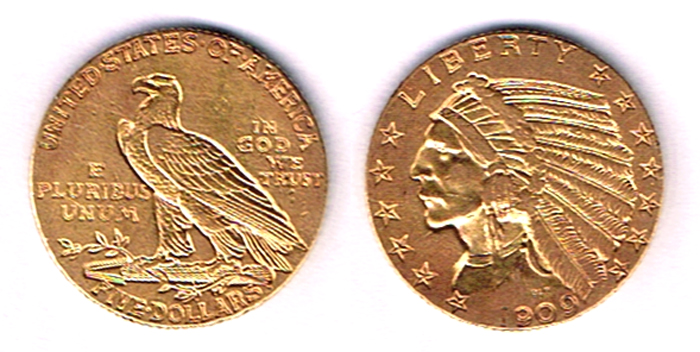 USA. Gold five dollars, Indian head, 1909. at Whyte's Auctions