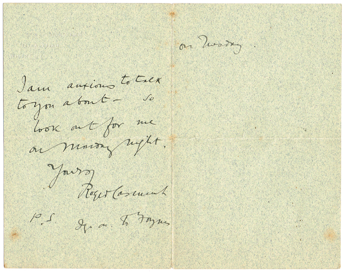 Roger Casement autograph letter, signed. at Whyte's Auctions