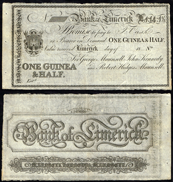 Bank of Limerick One Guinea & Half, unissued. at Whyte's Auctions