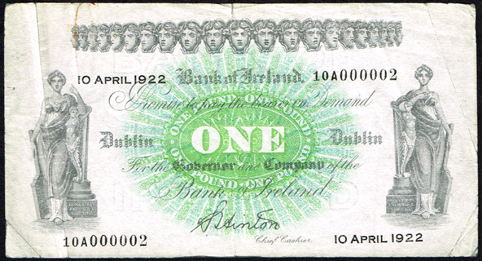 Bank of Ireland One Pound, 10 April 1922. at Whyte's Auctions