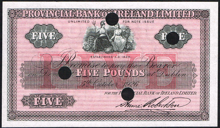 Provincial Bank of Ireland Five Pounds, Dublin, 5th October 1926. at Whyte's Auctions