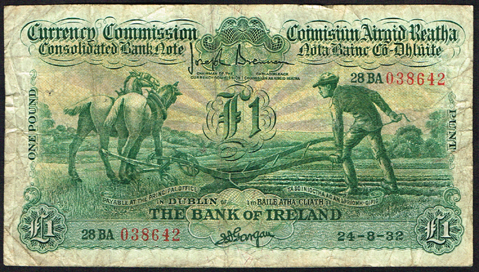 Currency Commission Consolidated Banknote 'Ploughman' Bank of Ireland One Pound collection 1932-39 at Whyte's Auctions