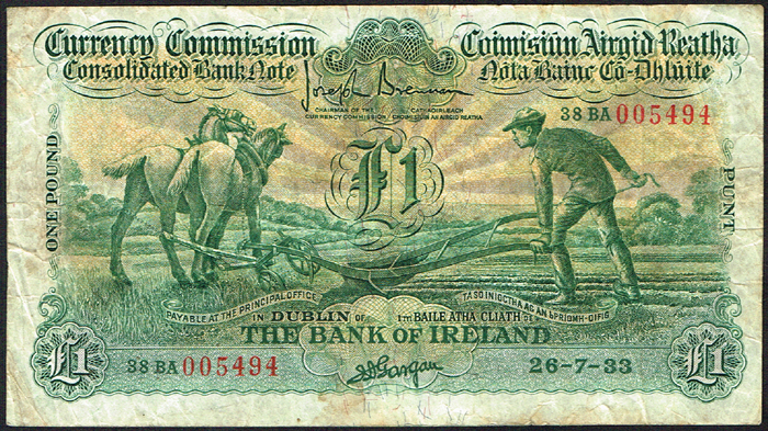 Currency Commission Consolidated Banknote 'Ploughman' Bank of Ireland One Pound collection 1933-39 at Whyte's Auctions