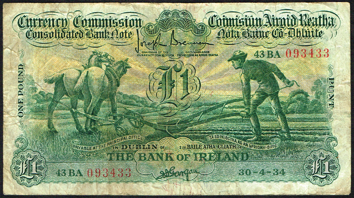 Currency Commission Consolidated Banknote 'Ploughman' Bank of Ireland One Pound collection 1934-38 at Whyte's Auctions