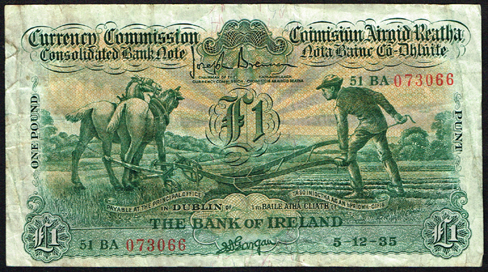 Currency Commission Consolidated Banknote 'Ploughman' Bank of Ireland One Pound collection 1935-39 at Whyte's Auctions