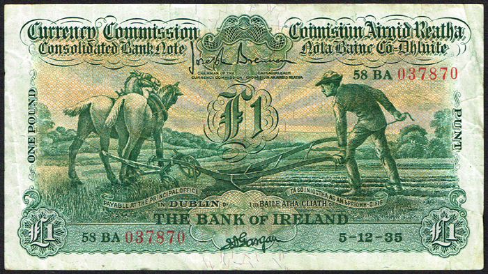 Currency Commission Consolidated Banknote 'Ploughman' Bank of Ireland One Pound collection 1935-38 at Whyte's Auctions