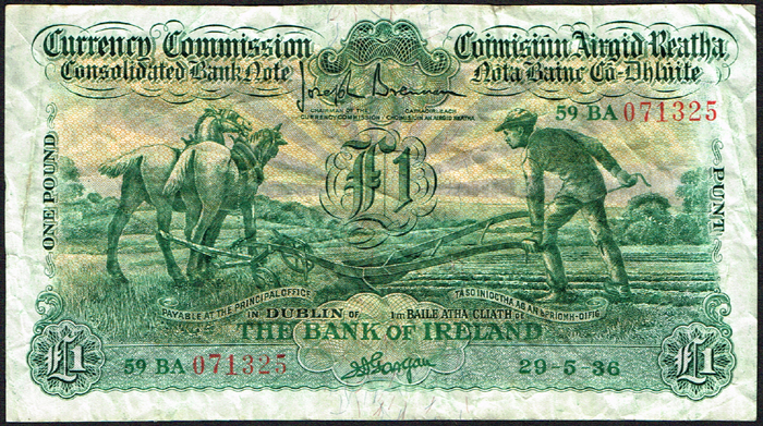 Currency Commission Consolidated Banknote 'Ploughman' Bank of Ireland One Pound collection 1936 at Whyte's Auctions