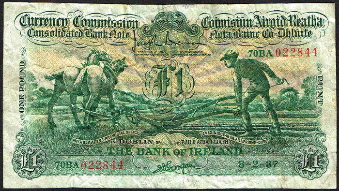 Currency Commission Consolidated Banknote 'Ploughman' Bank of Ireland One Pound collection 1937-39 at Whyte's Auctions