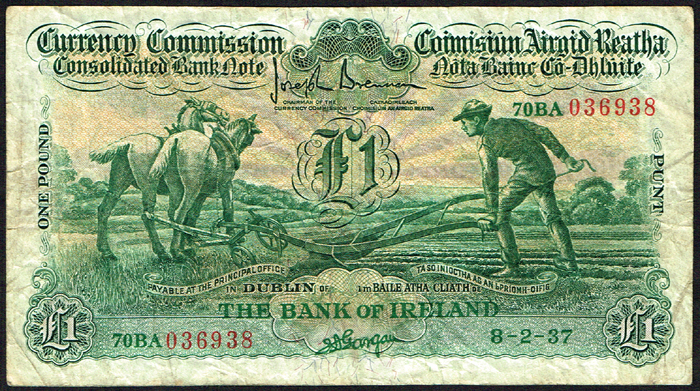 Currency Commission Consolidated Banknote 'Ploughman' Bank of Ireland One Pound pair at Whyte's Auctions