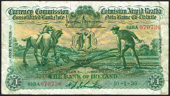 Currency Commission Consolidated Banknote 'Ploughman' Bank of Ireland One Pound pair at Whyte's Auctions