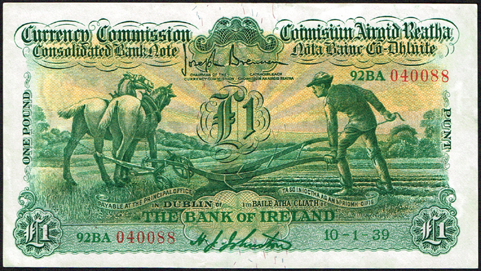 Currency Commission Consolidated Banknote 'Ploughman' Bank of Ireland One Pound 10-1-39 at Whyte's Auctions