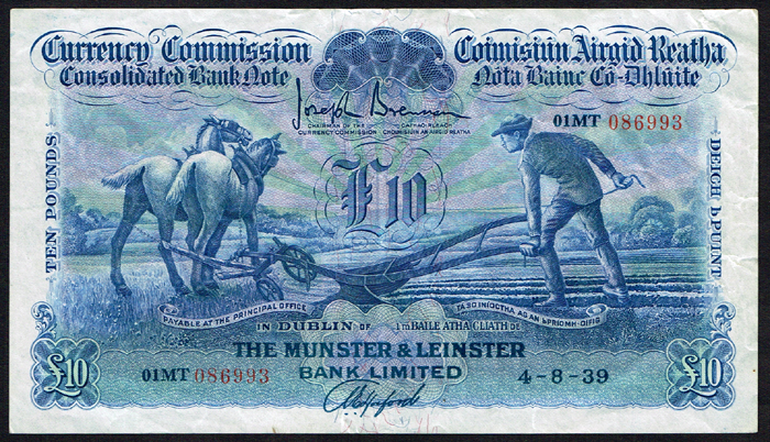 Currency Commission Consolidated Banknote 'Ploughman' Munster & Leinster Bank Ten Pounds 4-8-39 at Whyte's Auctions