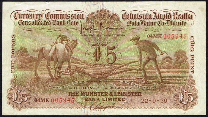 Currency Commission Consolidated Banknote 'Ploughman' Munster & Leinster Bank Five Pounds 22-9-39 at Whyte's Auctions