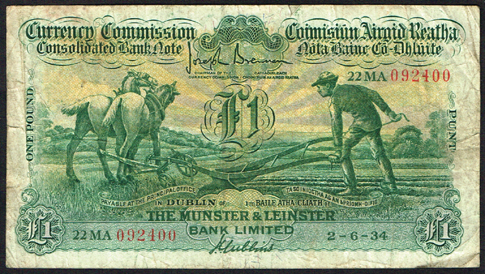 Currency Commission Consolidated Banknote 'Ploughman' Munster & Leinster Bank One Pound 2-6-34 at Whyte's Auctions