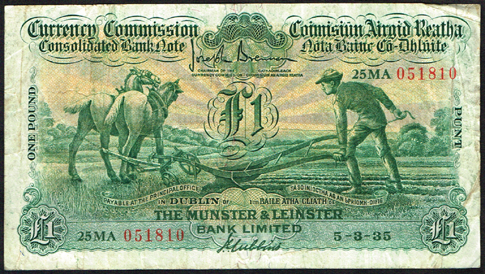 Currency Commission Consolidated Banknote 'Ploughman' Munster & Leinster Bank One Pound  5-3-35 at Whyte's Auctions