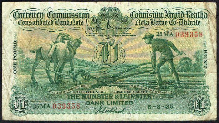 Currency Commission Consolidated Banknote 'Ploughman' Munster & Leinster Bank One Pound  5-3-35 at Whyte's Auctions