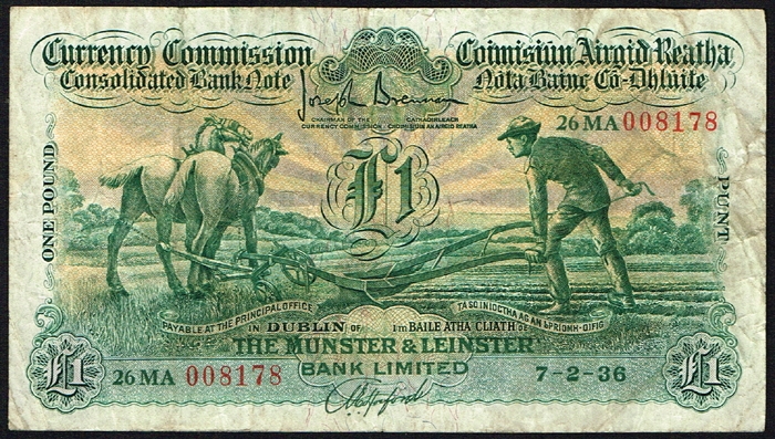 Currency Commission Consolidated Banknote 'Ploughman' Munster & Leinster Bank One Pound  7-2-36 at Whyte's Auctions