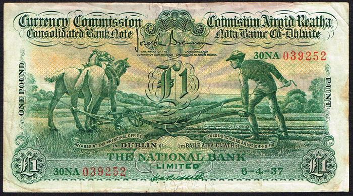Currency Commission Consolidated Banknote 'Ploughman' National Bank One Pound 6-4-37 at Whyte's Auctions